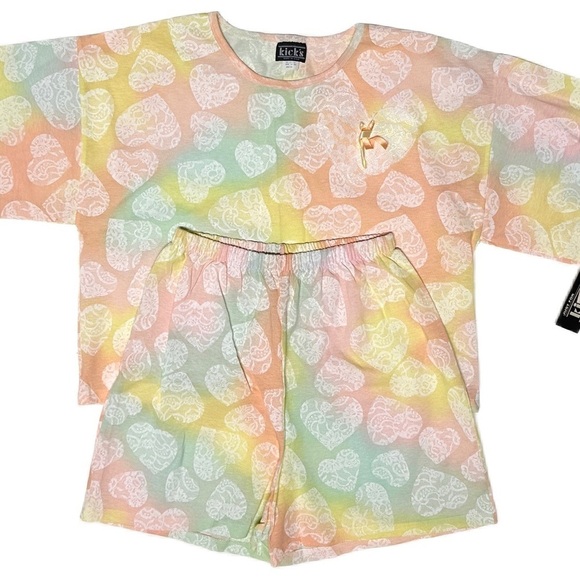 Vintage NWT Tee Shorts Set Pastel Watercolor Lace Hearts Cotton Blend USA Medium - Picture 2 of 15